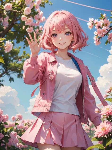 master piece,best quality, Solo woman,24 year old, beautiful eyes,cute, jumping, Cherry Pink jacket,white T-shirt, Cherry Pink tight skirt, shy smile, Cherry Pink hair, short hair, ringlets,waving in a strong wind hair, Cherry Pink flower