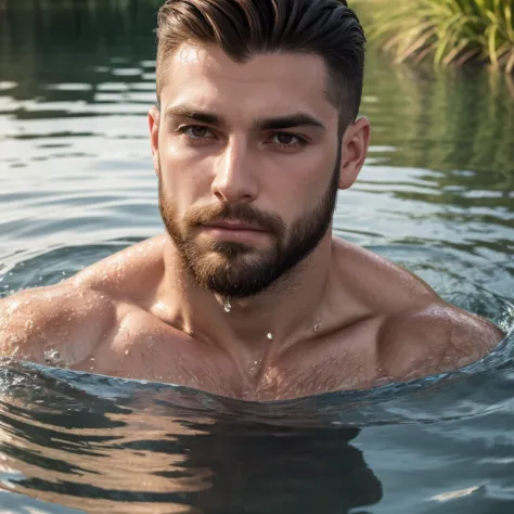 A man submerged in water up to neck, dynamic hair and short beard, calm expression, portrait, daylight, rippling water, water ha...