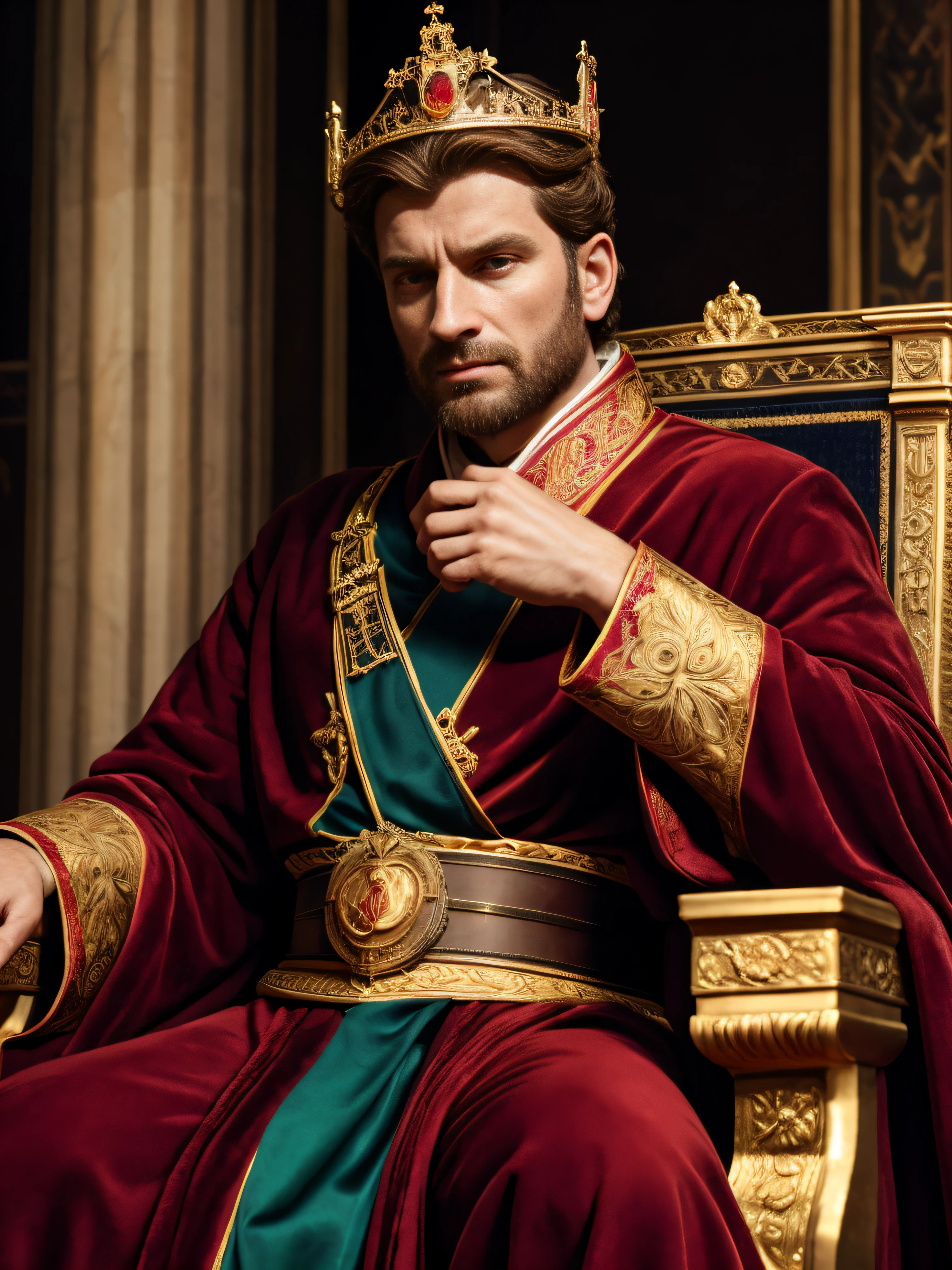 Константин Великий,Лучшее качество,ультрадетализированный,фотореалистичный,Портрет,Рисование,Римский император,умный и мощный,сильная линия подбородка,зоркие глаза,уверенное выражение,состояние々одетый в официальную одежду,сидящий на троне,окруженный символами власти и авторитета,золотая корона,красный бархатный халат,Справка по истории,Мраморные столбы,интенсивное освещение,прохладные тона,Великолепие и величие.
