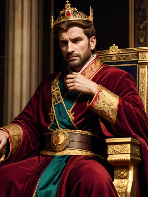 Constantine the Great,Best Quality,Ultra-detailed,Photorealistic,Portrait,Painting,Roman Emperor,smart and powerful,Strong Jawline,Sharp eyes,Confident expression,hali々dressed in formal clothes,Sitting on a throne,surrounded by symbols of power and authori...