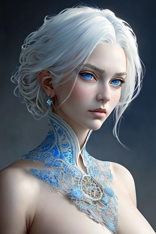 8k portrait of beautiful 22 year old woman with white hair, intricate, elegant, highly detailed, majestic, digital photography, art by artgerm and ruan jia and greg rutkowski surreal painting filigree,(masterpiece, sidelighting, finely detailed beautiful blue eyes: 1.2), hdr,