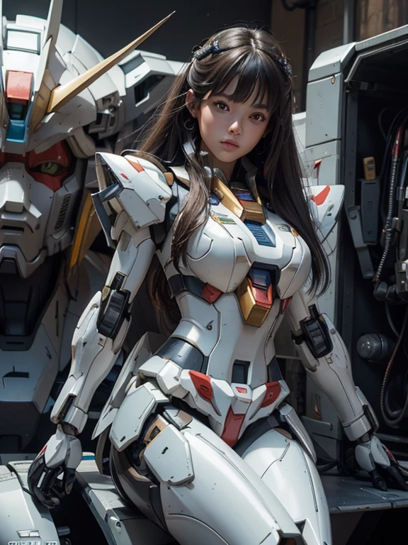 piel texturizada, súper detalle, Detalles altos, alta calidad, mejor calidad, alta resolución, 1080P, hermosa belleza,Chica con hermoso cuerpo de mecha,(Gundam) ,Chica con cuerpo de robot,Lleva un mecha Gundam futurista.,ángulos bajos,Toma de cuerpo entero