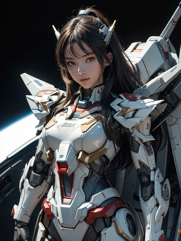 Textured skin, Super Detail, high details, High quality, Best Quality, hight resolution, 1080p, Gorgeous beauty,Girl with Beautiful Mecha Body,(Gundam) ,Girl with robot body,She wears a futuristic Gundam mecha,low angles,Fulll body Shot