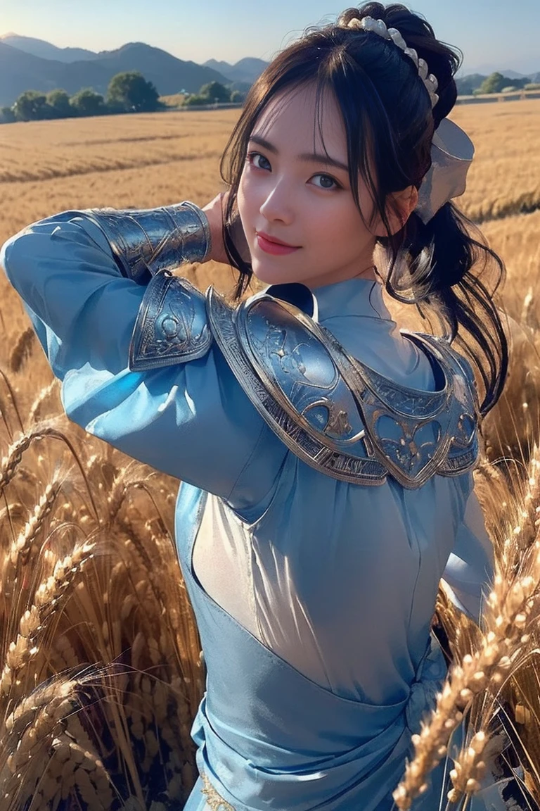 yurayura_yuuura,A beautiful woman, (((1 girl, solo, running, (wheat field), turning around, blue eyes, long blue dress, middle ages, medieval outfit, long sleeves sunset, light from behind, shadow on the figure, smile, laughter, (blue sky), against the background of wheat, standing in the distance, looking at the viewer, full-length
, elegance under the sun, movement motion, image look alive))), ((perfect body figure, beautiful face, beautiful face, milf, age 46, royal, blazing black color hair, ponytail hair style, beautiful skin, Extremely details hair, fine details)), (((cinematic lighting, beautiful lighting effect, creative design, full body frame, divine aura, hard harmony , shining light, perfect color transition, perfect balance of contrast, perfect color layer, perfectly smooth color blur, soft rendering, smooth color stroke, moon glare, optic lens, moonlight ray, soft colors, smooth colors blend, perfect color rendering, harmony, perfect color harmony, beautiful color, soft harmony, light particles, perfect details, intricate details, color prism, fine details, refine details, intricate armor details, fine armor, smooth clothes texture))), Tachibana Omina art style, affectionate eyes, half a smile, slightly open mouth, a gentle expression on his face, serene scenery of grassland under the sun, grass floating around, calm, breeze and sunlight in the background, butterflies in the sky, realism, ((Best quality))),8k,((Masterpiece)),(Extremely refined and beautiful)