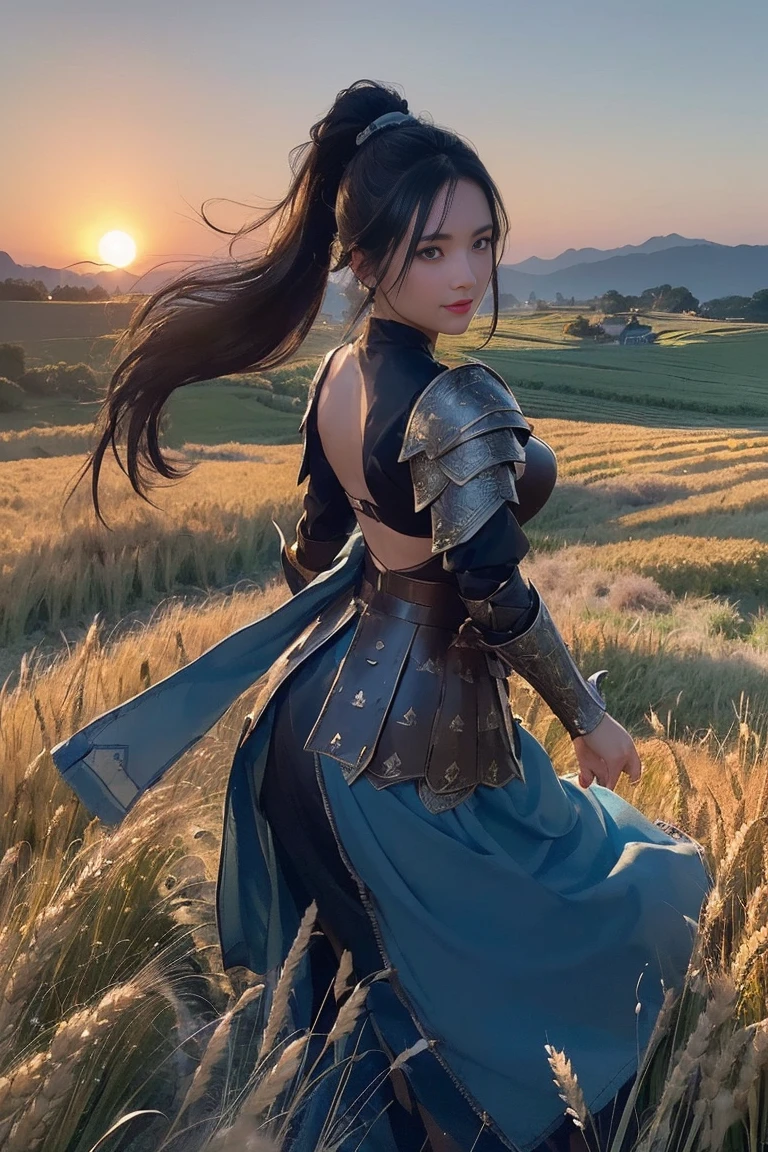 yurayura_yuuura,A beautiful woman, (((1 girl, solo, running, (wheat field), turning around, blue eyes, long blue dress, middle ages, medieval outfit, long sleeves sunset, light from behind, shadow on the figure, smile, laughter, (blue sky), against the background of wheat, standing in the distance, looking at the viewer, full-length
, elegance under the sun, movement motion, image look alive))), ((perfect body figure, beautiful face, beautiful face, milf, age 46, royal, blazing black color hair, ponytail hair style, beautiful skin, Extremely details hair, fine details)), (((cinematic lighting, beautiful lighting effect, creative design, full body frame, divine aura, hard harmony , shining light, perfect color transition, perfect balance of contrast, perfect color layer, perfectly smooth color blur, soft rendering, smooth color stroke, moon glare, optic lens, moonlight ray, soft colors, smooth colors blend, perfect color rendering, harmony, perfect color harmony, beautiful color, soft harmony, light particles, perfect details, intricate details, color prism, fine details, refine details, intricate armor details, fine armor, smooth clothes texture))), Tachibana Omina art style, affectionate eyes, half a smile, slightly open mouth, a gentle expression on his face, serene scenery of grassland under the sun, grass floating around, calm, breeze and sunlight in the background, butterflies in the sky, realism, ((Best quality))),8k,((Masterpiece)),(Extremely refined and beautiful)