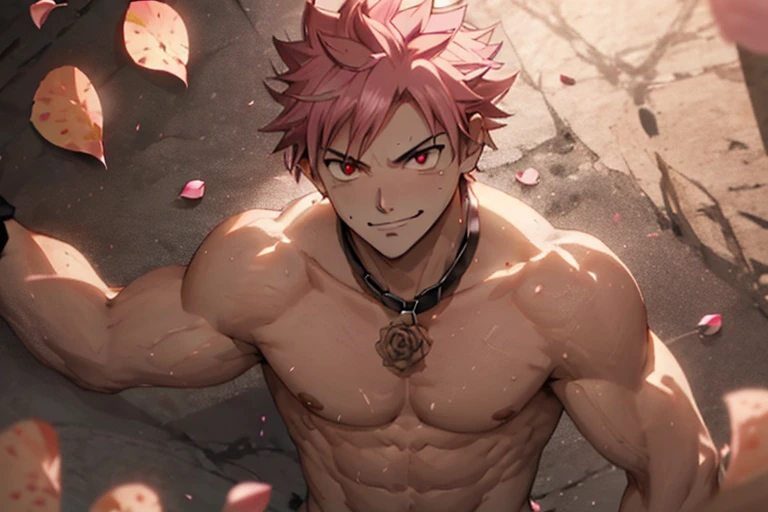 Ângulo Dinâmico, obra de arte, best quality olhos vermelhos, jogo cg, 1 menino, homem adulto sozinho, foco masculino, olhando para o espectador sorrindo, tronco, Natsu Dragneel natsu_dragneel, cabelo rosa, olhos vermelhos, bdsm acorrentado, corpo e mãos acorrentados , músculo tonificado, peitorais, 8 abdominais, pernas tonificadas, ligeiramente abaulado, fundo de roseiras, detalhado, Holofote, bem iluminado, ((pétalas de rosa:1.5))(peito nu:1.2) (coleira no pescoço:1.2)(nu:1.2)(pênis:1.2)