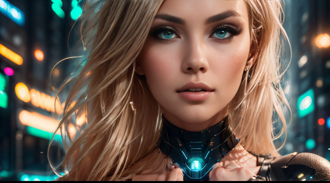 wunderschöne Frau mit extralangen, welligen blonden Haaren, in die Kamera schauen, verführerisch, (perfekte glänzende rosa Lippen, leuchtend grüne Augen, lange sexy Beine, wearing cyberpunk outfit, (realistisch labia, realistisch :1.1), ((ausführlich facial features)), (ausführlich skin, perfectly ausführlich proportional hands, perfectly ausführlich fingers, blasse Gesichtsfarbe), (Ganzkörper, Stehen), (schöner futuristischer Cyberpunk-Stadthintergrund), Meisterwerk in bester Qualität, photorealistisch, hyper realistisch, ausführlich, 8k, HDR, (sanfte Farbe: 1.2), geringe Schärfentiefe, breites Licht, Hoher Kontrast, Hintergrundbeleuchtung, blühen, Licht funkelt, chromatische Abweichung, scharfer Fokus, RAW-Farbfoto,