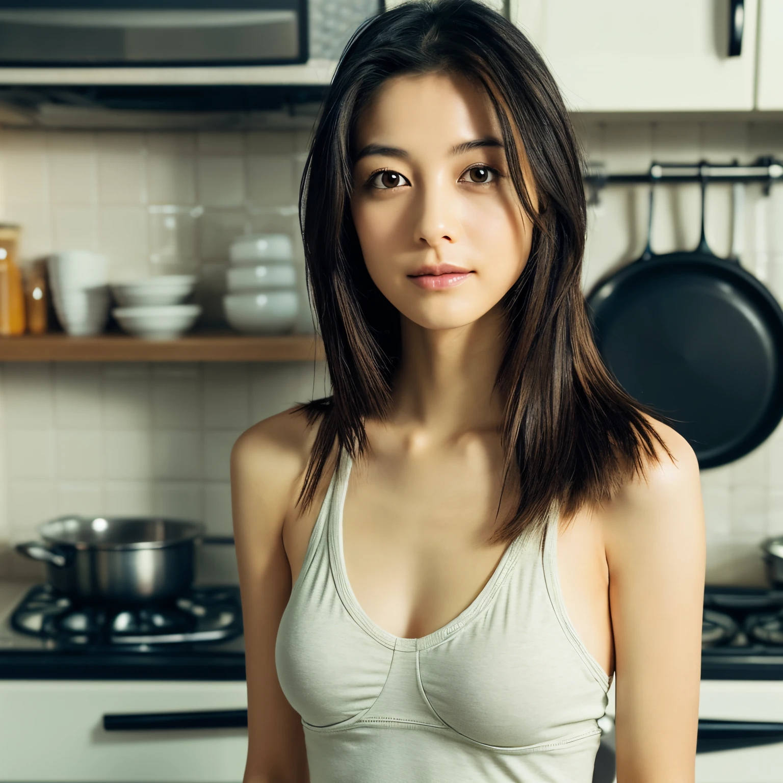 (High reality photograph, high resolusion, detailed face, detailed eyes) Skinny Japanese lady, cute face, solo:1, cooking in a kitchen, long hair, lovely body, skinny figure, small breasts, thin chests, emphasizing very skinny waist, casual wear