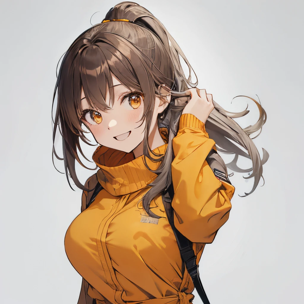 【Highest Quality, masutepiece】 [girl, Manteau, expressioness,deep orange eyes, front facing,dark brown hair,long ponytail hair,yellow knit cloth, Happy, Upper body] (Gray white background:1.2),very happy smile,boobs,