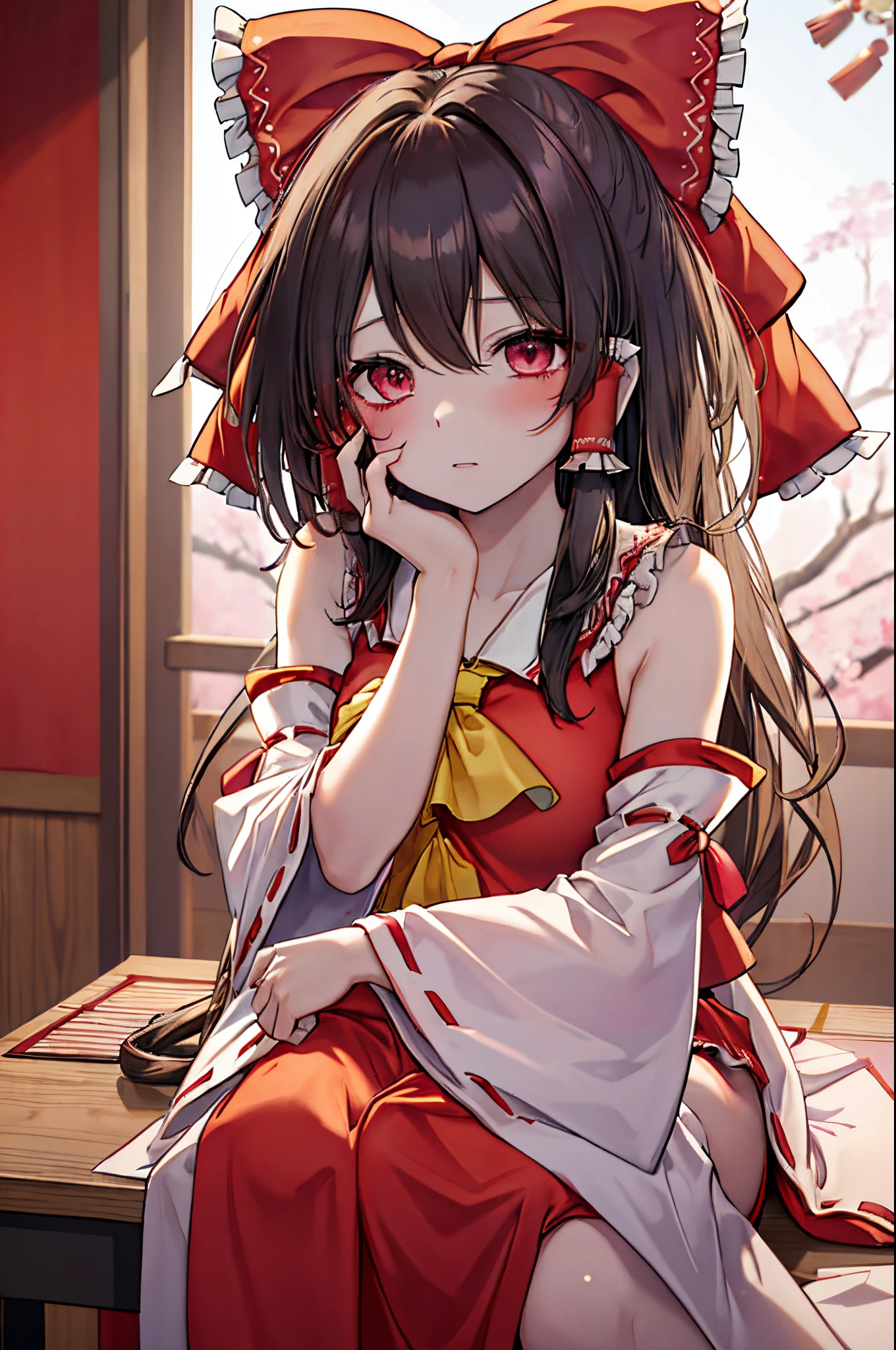 ((Borei Reimu:1.3)), ((Best Quality)), ((Highly detailed)), masutepiece, absurderes, (Detailed eyes, deep eye), (1girl in), yandere trance, yandere, hands on own face, ((Cover your cheeks with both hands:1.2)), Shaded face, ((Eyes without light)), (Upper body), Hexmania CMS, ((@.@)), bags under eyes, Ahoge, Red ribbon, Black hair, pale skin, Small breasts, , red shrine maiden clothes, (Japanese room desk dark)