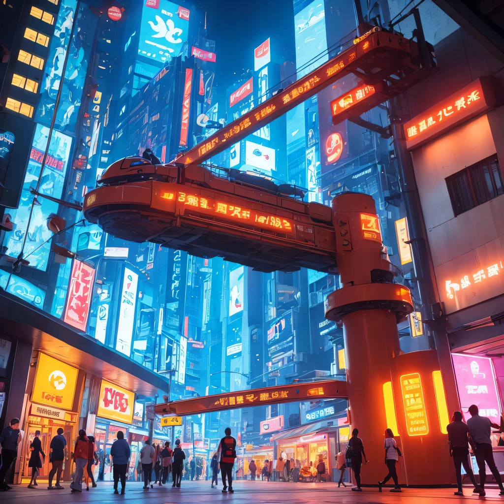 Orange cat machine flat line illustration light color cartoon bustling future city night scene，Brilliant lights and busy traffic。Tall buildings stand in the night sky，The whole city is full of vitality and vitality