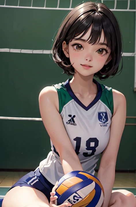 1senhora solo, /(Volleyball Uniform/), /(dark  brown hair/) bangss, blush slightly smile, (masterpiece best quality:1.2) Ultra-detailed delicate illustration, big breasts BREAK /(indoor volleyball court/)