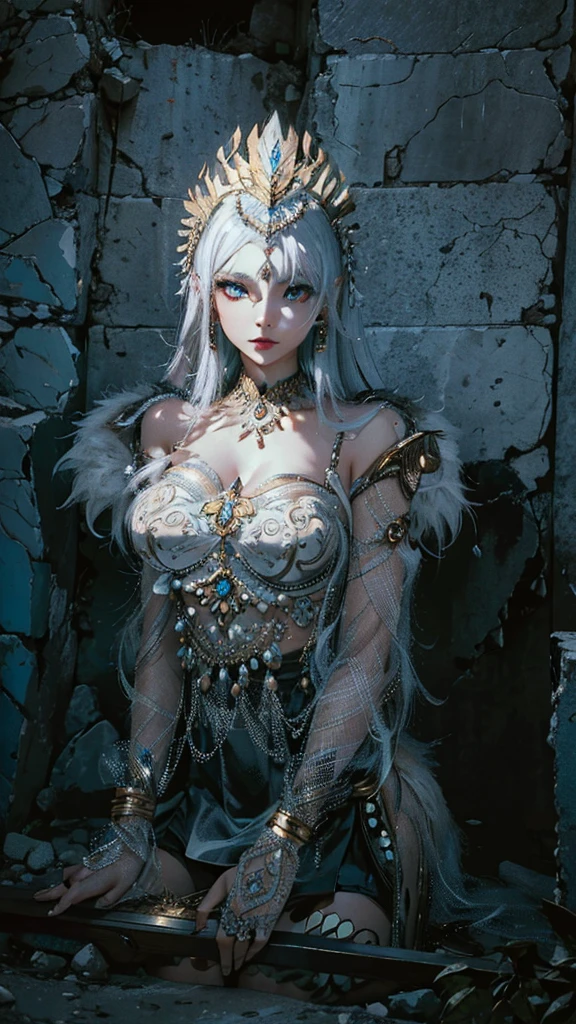 woman with white makeup and feathered headdress sitting on a ledge, sphinx woman, sphinx, young harpy-girl, inka sphinx girl, female humanoid creature, hyperdetailed fantasy character, wearing intricate fur armor, humanized, female face, award winning, 4k, 8k, high quality, top quality, masterpiece, fine beautiful skin, looking at viewer, HD, plump saggy breasts, trending on deviantart, trending on artstation, best wailing, high quality,