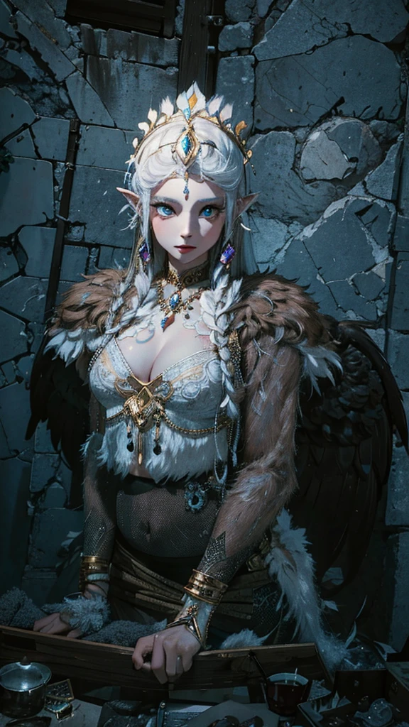 woman with white makeup and feathered headdress sitting on a ledge, sphinx woman, sphinx, young harpy-girl, inka sphinx girl, female humanoid creature, hyperdetailed fantasy character, wearing intricate fur armor, humanized, female face, award winning, 4k, 8k, high quality, top quality, masterpiece, fine beautiful skin, looking at viewer, HD, plump saggy breasts, trending on deviantart, trending on artstation, best wailing, high quality,