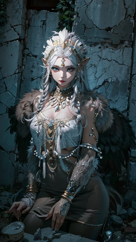 woman with white makeup and feathered headdress sitting on a ledge, sphinx woman, sphinx, young harpy-girl, inka sphinx girl, female humanoid creature, hyperdetailed fantasy character, wearing intricate fur armor, humanized, female face, award winning, 4k, 8k, high quality, top quality, masterpiece, fine beautiful skin, looking at viewer, HD, plump saggy breasts, trending on deviantart, trending on artstation, best wailing, high quality,