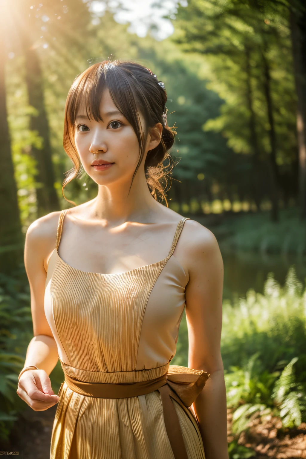 (dense woods: 1), the golden hour, Light brown eyes, 1 woman, Light clothing, (Photorealistic), (Complex Detail: 1.2), (masutepiece, :1.3), (of the highest quality: 1.4), (Ultra High Resolution: 1.2), (eye detailed ), (detailed facial features), Strong sunlight, 8K (Lens Flare: 0.7), (Lens Flare: 0.7), turned around,Feminine pose, Upper body, Tight waistline