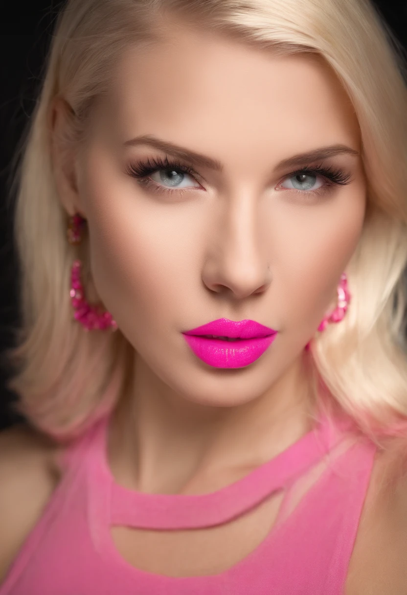 A close up of a woman with pink lipstick and a pink dress - SeaArt AI