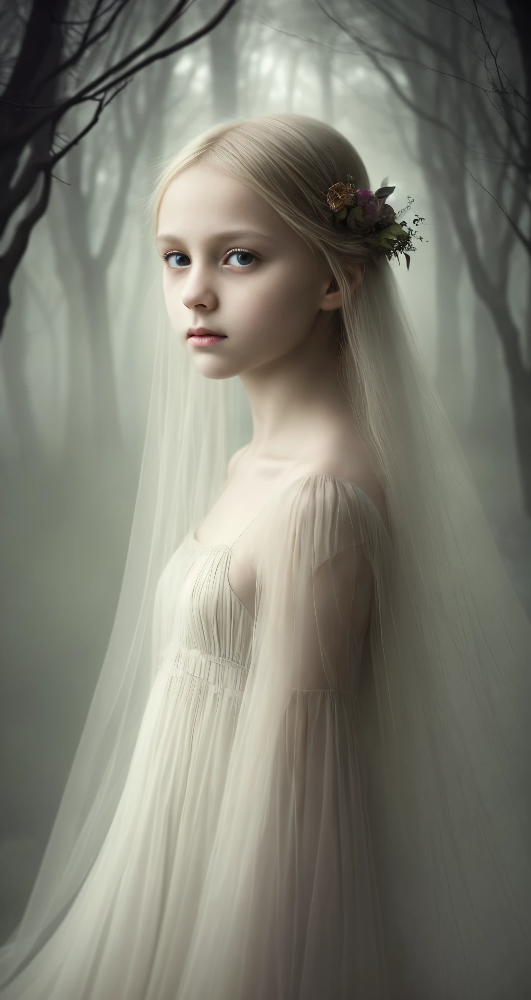 In a mysterious and enchanting realm, a murky fog envelopes the scene, as if concealing something profound. Amidst this fog, a figure emerges, a young girl with flowing silver hair and eyes that glimmer with an otherworldly luminescence. The image captures her delicate yet powerful presence, her ethereal beauty contrasting with the darkness that surrounds her. The misty atmosphere adds to the enigmatic and dreamlike quality of the artwork, giving it an almost surreal feel. The painting, skillfully executed, showcases intricate details and vibrant colors that bring the scene to life. It invites us to delve into the bewitching world of this anime, where memories are shrouded in layers of uncertainty, waiting to be unraveled