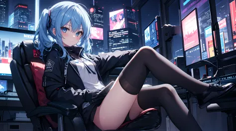 one-girl，self-expression，Girl with medium straight blue hair，Loose hair，hair straight，blue color eyes，cyber punk personage,natta，beside a window , City background at night，Digital punk, Anime style 4k, Short-sleeved game suit,sit in a gaming chair，in a  be...
