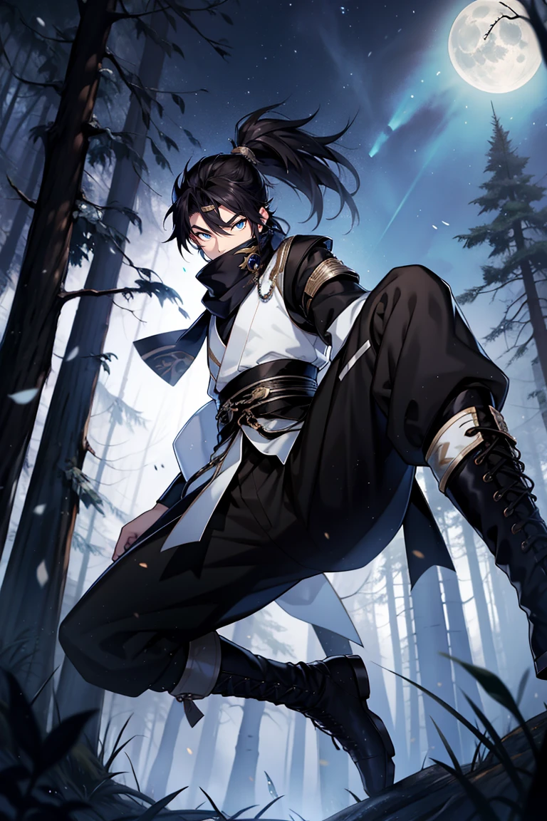 A teenager, Black Hanfu, jogging，horrified expression，Long black hair and high ponytail, Brown eyes，Black scarf，leather clothes，clothes details，Expression details，（jumpping），leap，natta，starrysky，rays of moonlight，at a forest，natta，boots，darkly，Best quality at best，16k,tmasterpiece，