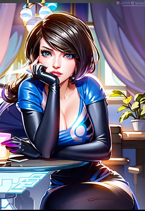 a woman sitting at a table with a laptop computer on her lap, artgerm and lois van baarle, orianna, lois van baarle and rossdraw...
