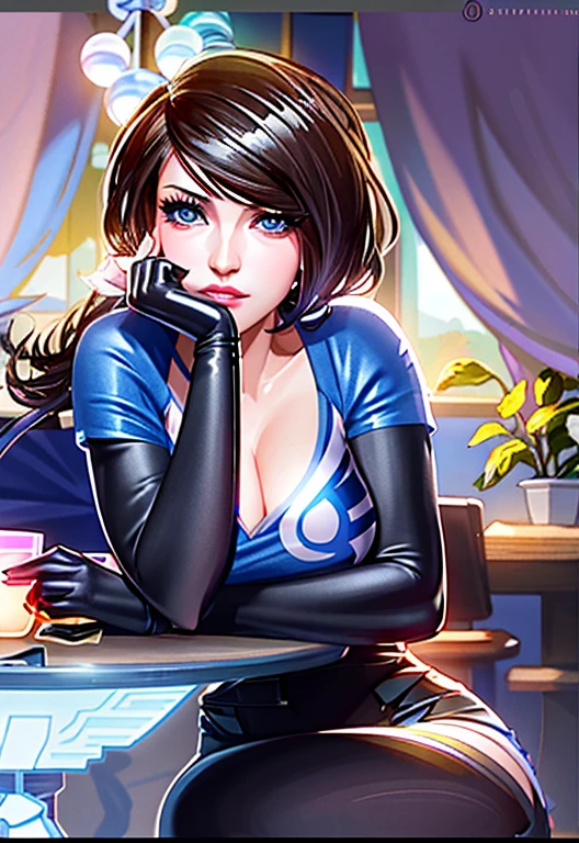 a woman sitting at a table with a laptop computer on her lap, artgerm and lois van baarle, orianna, lois van baarle and rossdraws, lovely brigitte from overwatch, style artgerm, fiora from league of legends, inspired by Lois van Baarle, faye valentine, cyborg merchant girl, artgerm style