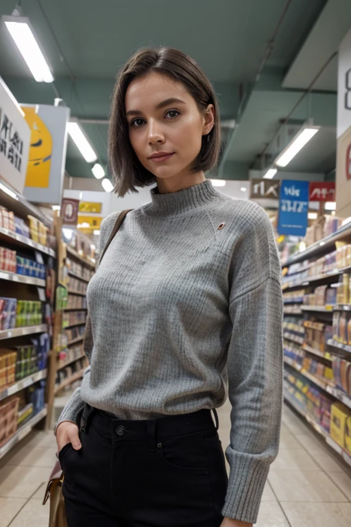 31-year-old fair-haired girl, very stylish, Get dressed, to go to the office, Long gray sweater, Skinny black pants, gray-green eyes, In the supermarket, flirts with the camera, hair light, gray hairs, Bob hairstyle, makeup, smile slightly, 85 mm, Canon, f/16, UHD, anatomically correct, Masterpiece, Textured skin, super detaill, High Details, hiquality, retina display, award winning, Best Quality, hight resolution, 8K, slightly blurred background