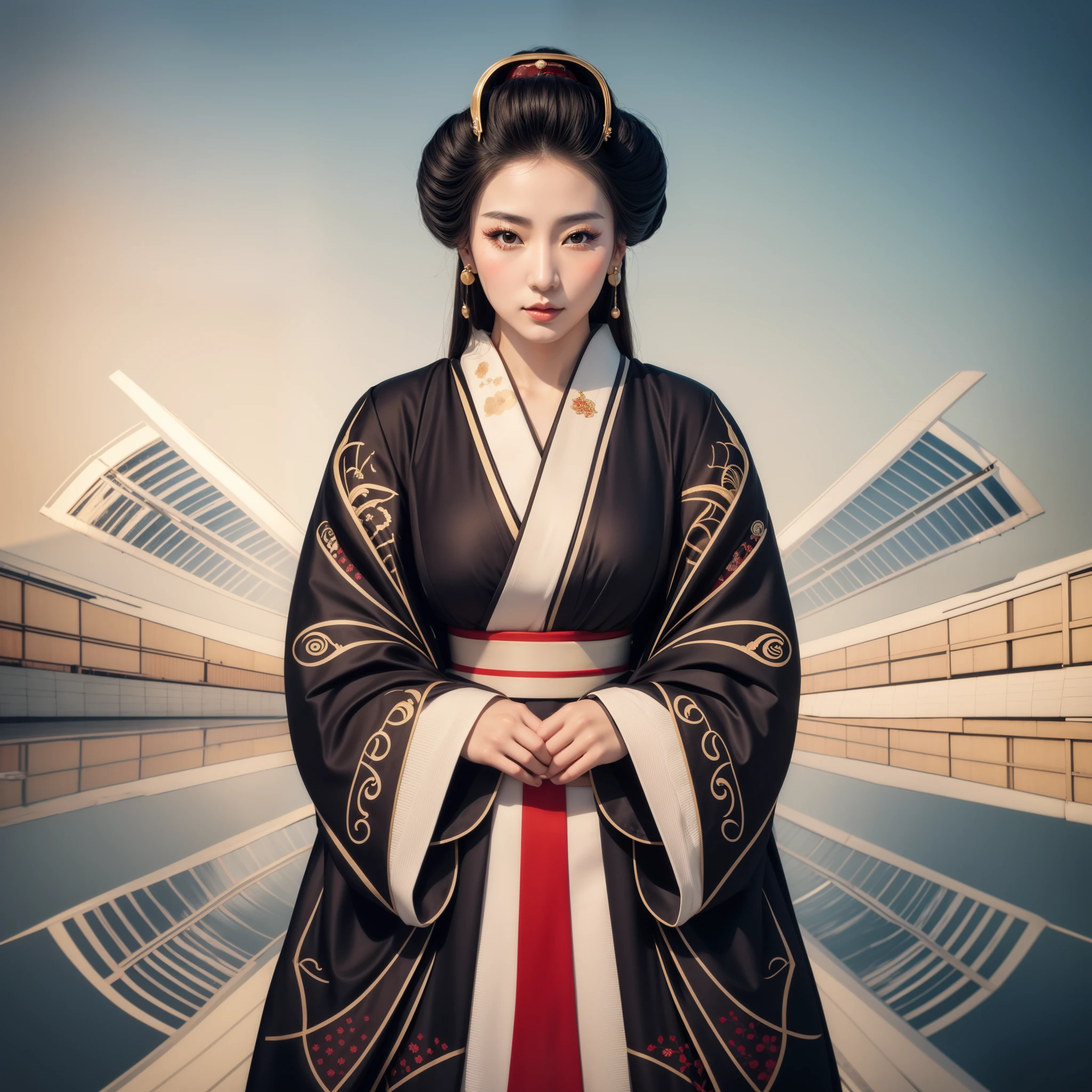 a beautiful young geisha, with full lips, full breasts, silky skin, beautiful eyes, black hair, wearing earrings, and wearing a stylized black kimono, with the propeller of a windmill in the background, hyperrealistic portrait of a beautiful geisha, woman elegant japanese woman, Geisha photorealistic portrait, Beauty geisha, japanese geisha, Japanese woman, exquisite intricate details portrait of a geisha.