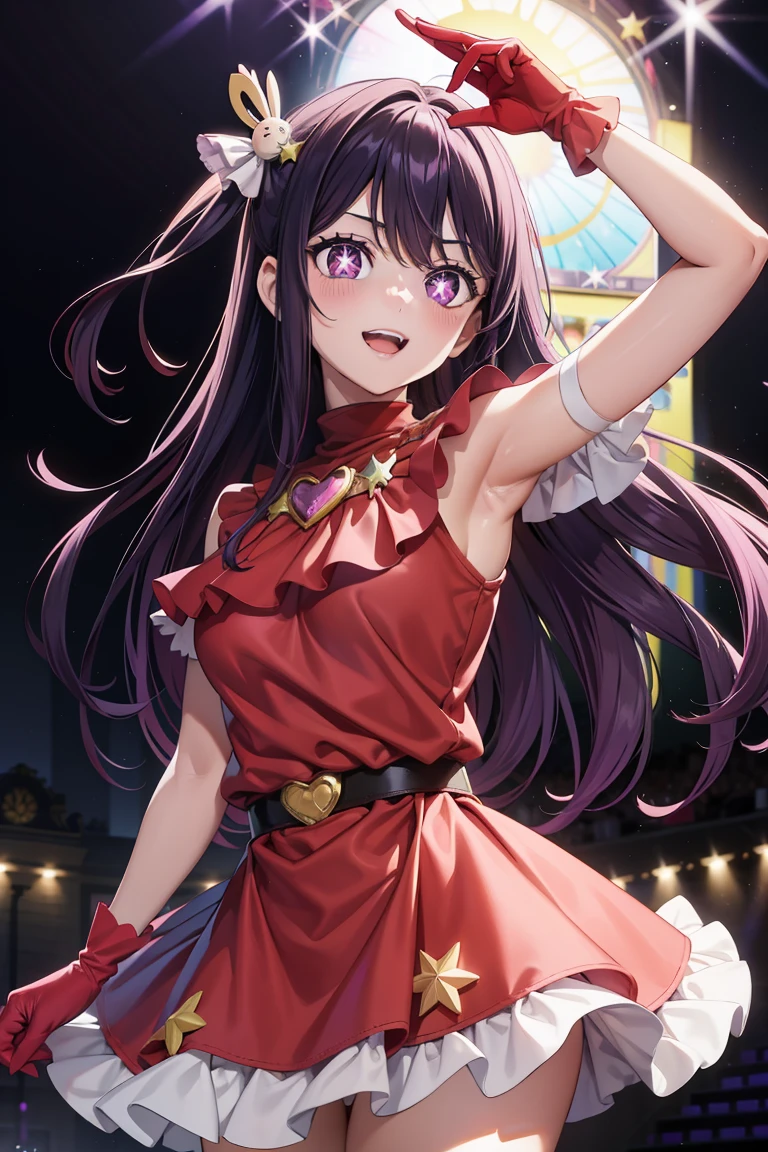 Ai Hoshino, Ai Hoshino, hair between eye, hair ornament, Hair Ribbon, Long hair, one side up, (Purple eyes), Purple hair, rabbit hair ornament, (star-shaped pupils:1.5), symbol-shaped pupils,Brake belt, Black belt, brooches, Dress, Pink dress, frilly dress, Ruffled gloves, frilld, gloves, heart brooch, idol, idol clothes, Jewelry, Pink gloves, Red Ribbon, bow ribbon, turtleneck dress,BREAK looking at viewer,Break indoors,BREAK (masutepiece:1.2), Best Quality, High resolution, Unity 8k Wallpaper, (Illustration:0.8), (Beautiful detailed eyes:1.6), extra detailed face, Perfect Lighting, extremely details CG, (Perfect hands, Perfect Anatomy),Smile with open mouth、Concert Venues、live house、stage、cowboy  shot