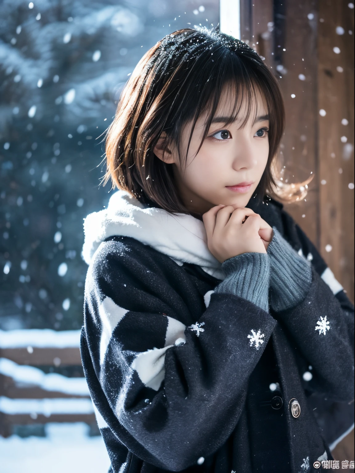 静かに降る雪を眺めながら. 彼女の内省的で涙ぐんだ表情、冬の夜への憧れと憂鬱を感じさせる。。。、最高品質、ハイパーHD、奈良美智, 日本のモデル, 美しい日本の妻, 髪が短い, 27歳女性モデル, 4k 円 ], 4K], 27歳, sakimichan, sakimichan