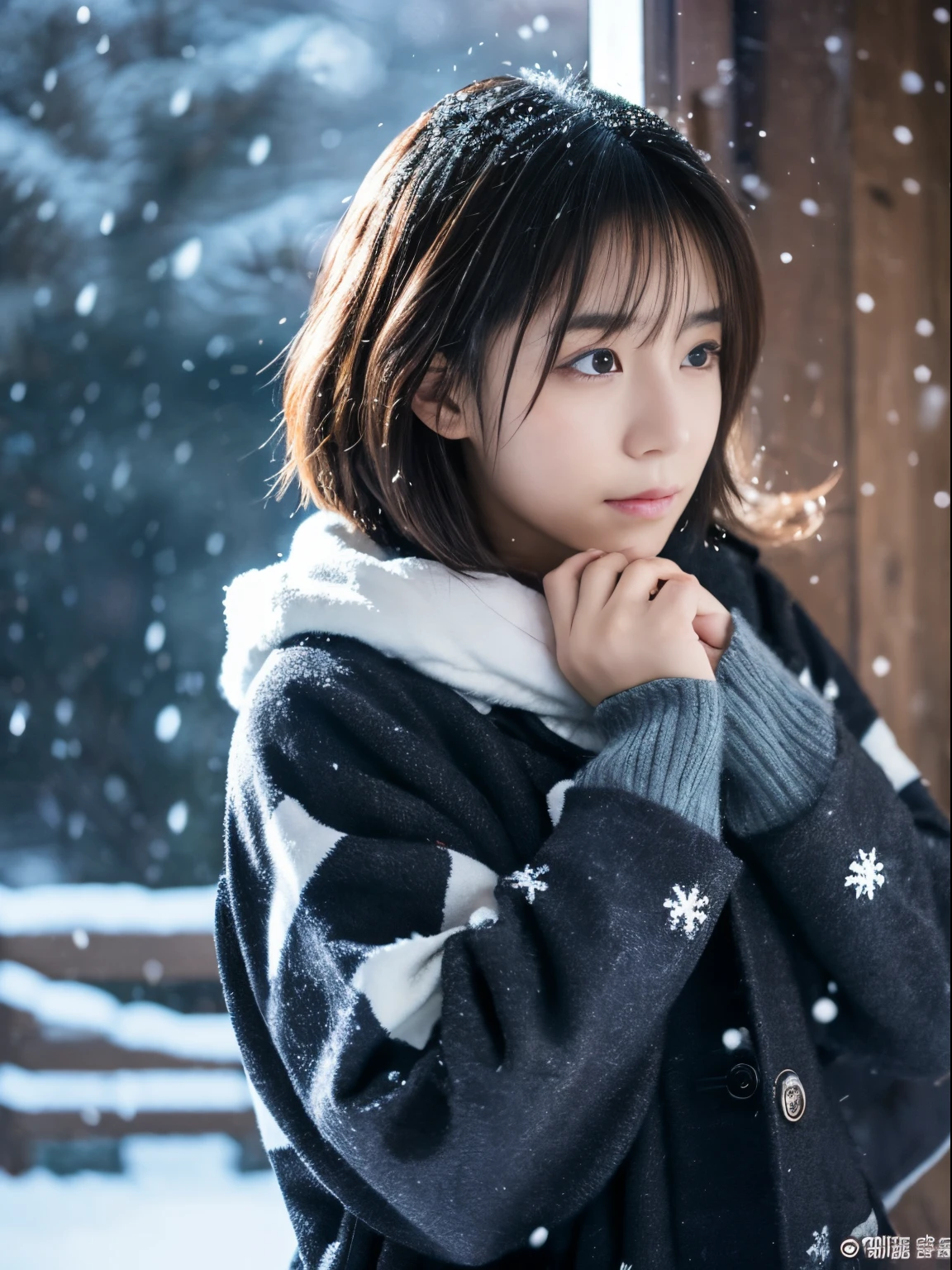 While watching the snow falling quietly. Her introspective and tearful expression、Makes you feel longing for winter nights and melancholy。。。、top-quality、hyper HD、奈良美智, Japanese Models, Beautiful Japan wife, With short hair, 27-year-old female model, 4 k ], 4K], 27yo, sakimichan, sakimichan