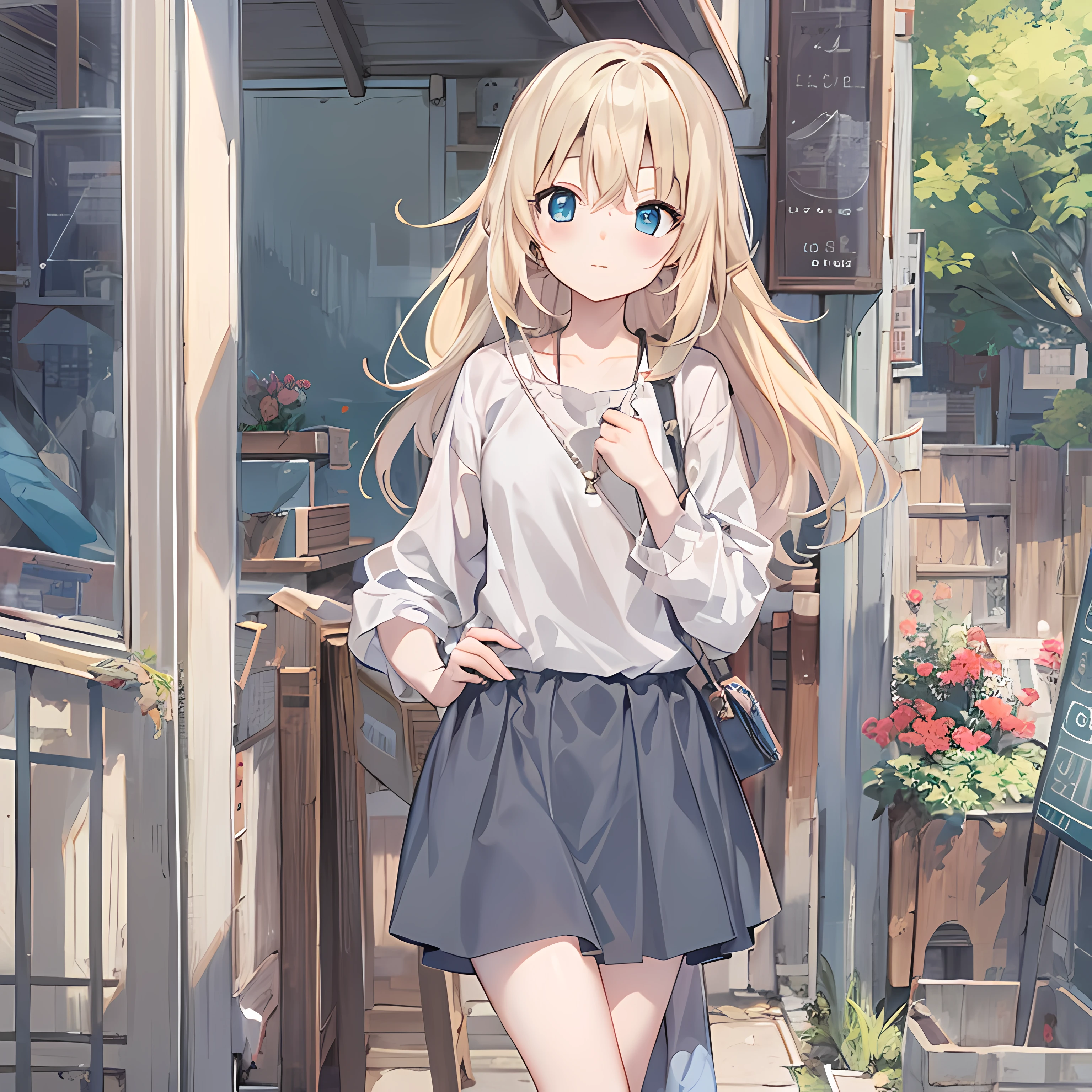 Anime girl with long blonde hair and blue eyes standing in front of a  restaurant - SeaArt AI