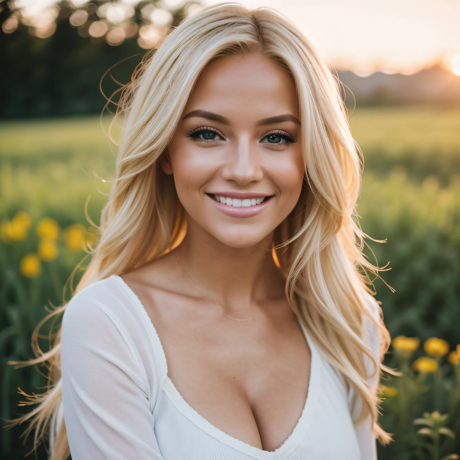 shot of a blonde Instagram model smiling, blonde hair, happy, vignetting, wide shot, 85mm, Nikon, 8k, high quality, highres, masterpiece, retina