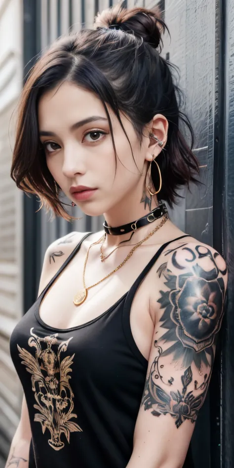araffe tattooed woman with a black top and a chain around her neck, she is wearing a black tank top, looks like fabiula nascimen...