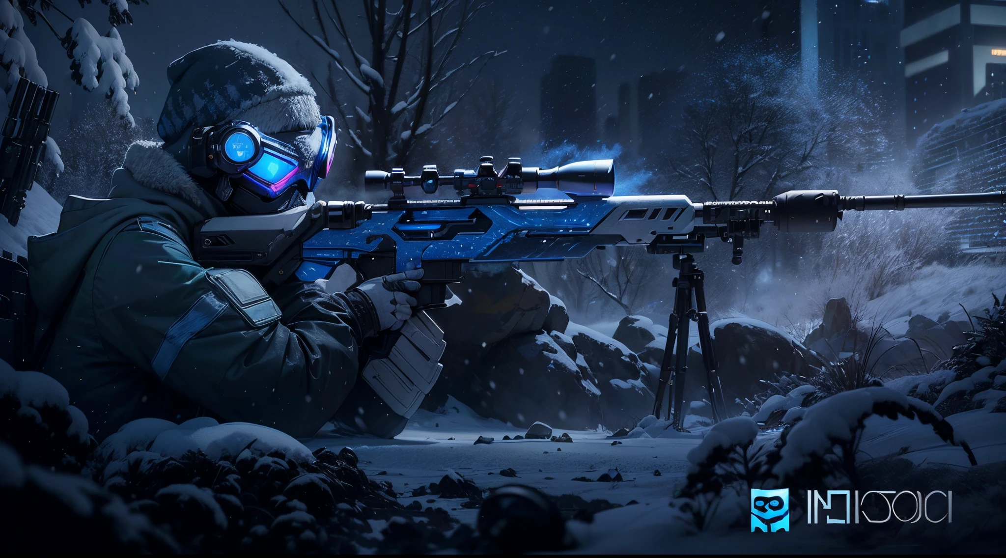 (pixar-style: 1.5)，（fully body photo），cyber punk personage，middle，(A futuristic sci-fi soldier wearing a white camouflage uniform lies on his side in the snow，Holding a high-tech sniper rifle to aim at the target，Sniper rifle made of vibranium，Luxurious texture，blanketed in a mantle of snow，White hood，masks，White camouflage uniform，Blue glowing goggles，masks），Oyuki，at a forest，snow field，（globalillumination、ray traycing、HighDynamicRange、Unrealistic rendering、Rational design、tmasterpiece、Best quality、hyper HD、电影灯光）