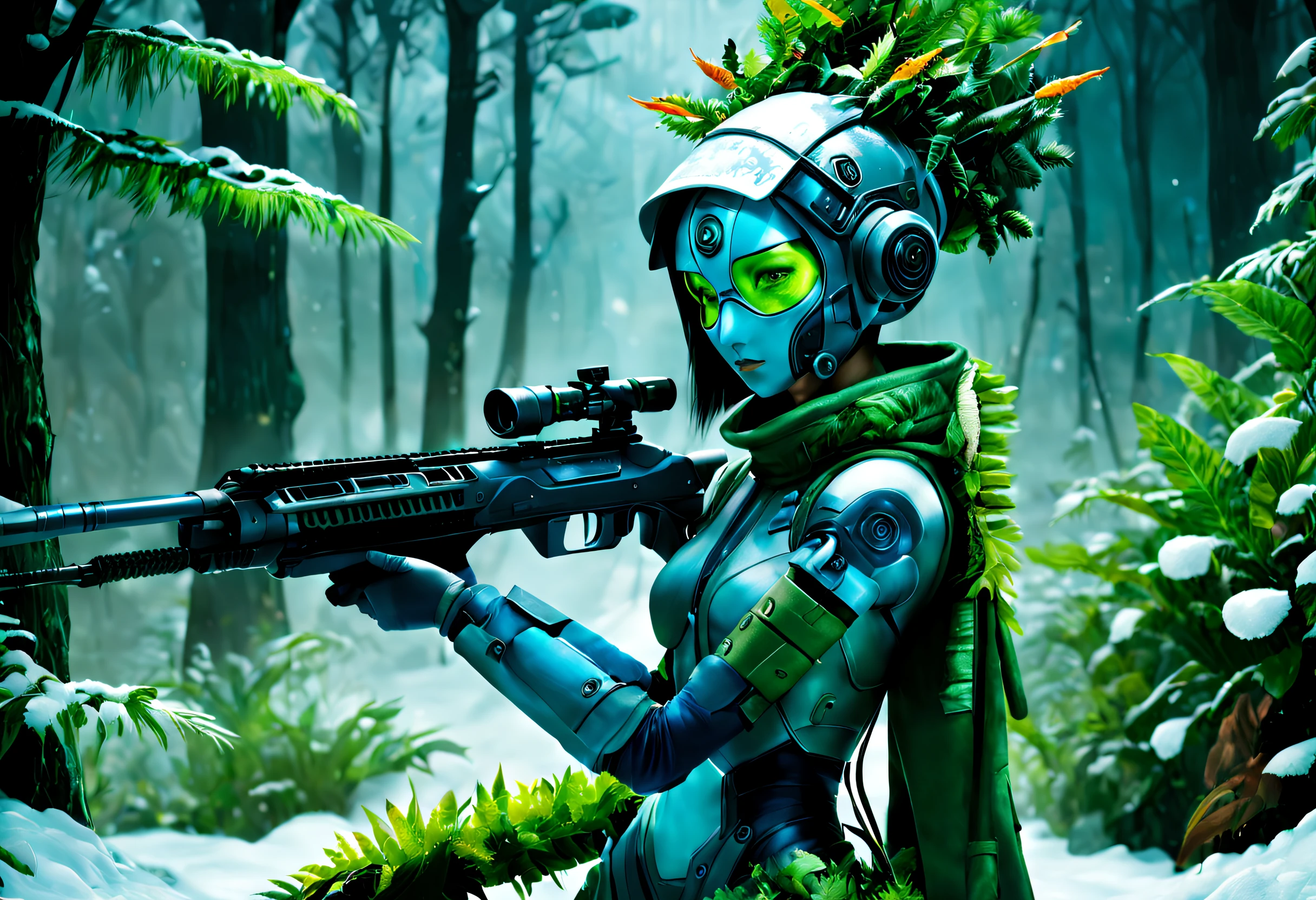 (pixar-style: 1.5)，（fully body photo），cyber punk personage，middle，(a girl made of fresh，Lie in one&#39;side in the snow，Holding a high-tech sniper rifle to aim at the target，Sniper rifle made of vibranium，Luxurious texture，covered in plants，Plant-colored hood，masks，green plant camouflage uniform，Blue glowing goggles），Oyuki，at a forest，snow field，（globalillumination、ray traycing、HighDynamicRange、Unrealistic rendering、Rational design、tmasterpiece、Best quality、hyper HD、Movie Lighting）