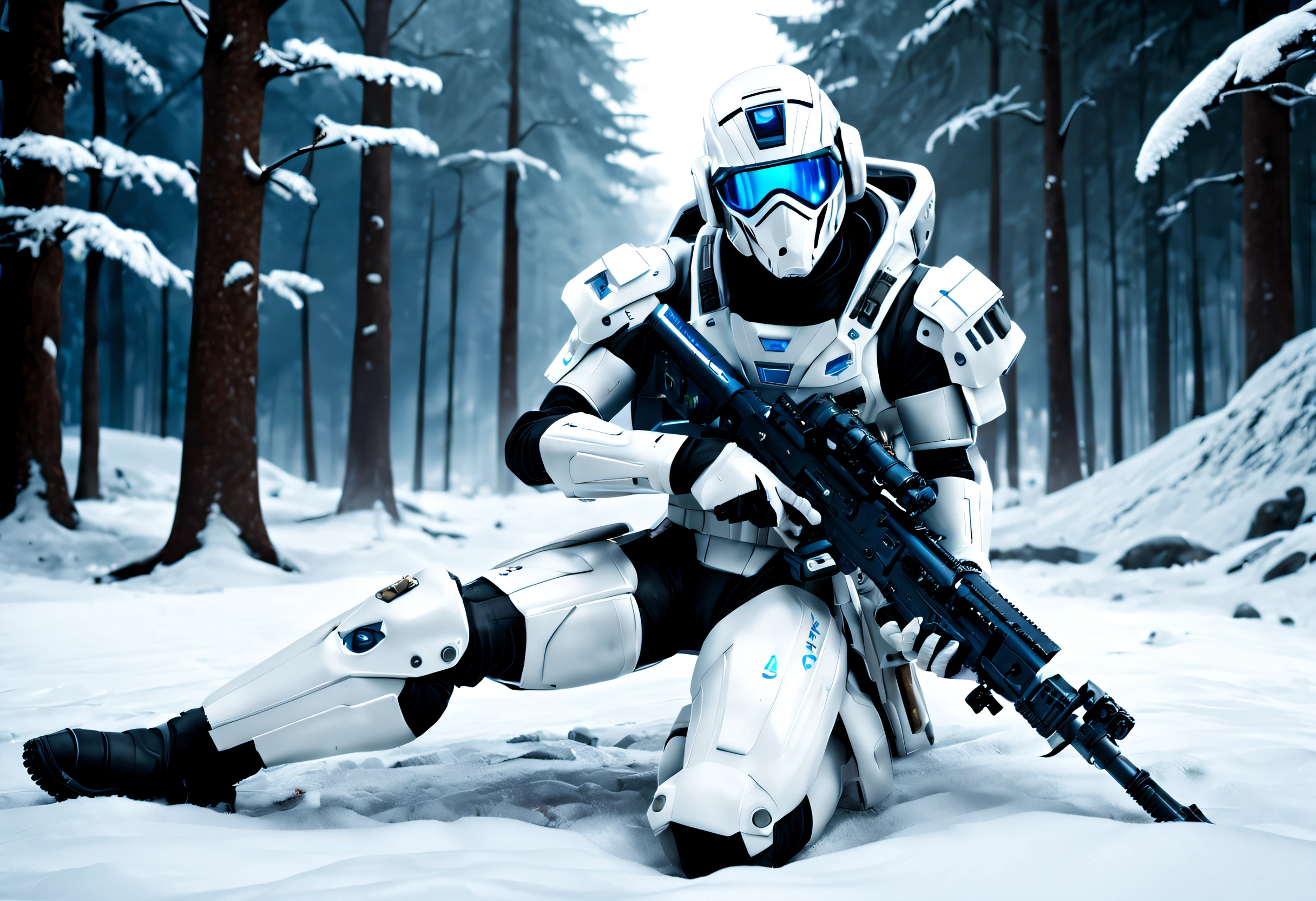 (estilo pixar: 1.5)，（foto de cuerpo completo），personaje ciber punk，medio，(Un soldado futurista de ciencia ficción con uniforme de camuflaje blanco yace de lado en la nieve.，Sosteniendo un rifle de francotirador de alta tecnología para apuntar al objetivo.，Rifle de francotirador hecho de vibranio.，textura lujosa，cubierto por un manto de nieve，capucha blanca，Máscaras，uniforme de camuflaje blanco，Gafas azules brillantes，Máscaras），Oyuki，en un bosque，campo de nieve，（iluminación global、trazado de rayos、Alto rango dinámico、Representación poco realista、Diseño racional、obra maestra、mejor calidad、hiper alta definición、iluminación de película）