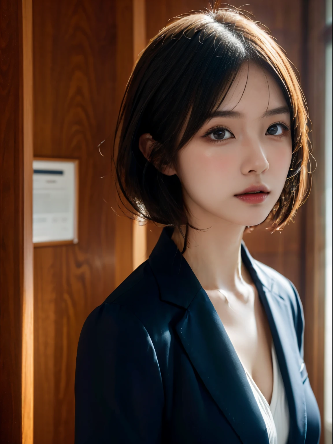 s Office、Portrait of a woman in a business suit, top-quality、hyper HD、Yoshitomo Nara, Japanese Models, Beautiful Japan Girl, With short hair, 27-year-old female model, 4 K ], 4K], 27yo, sakimichan, sakimichan