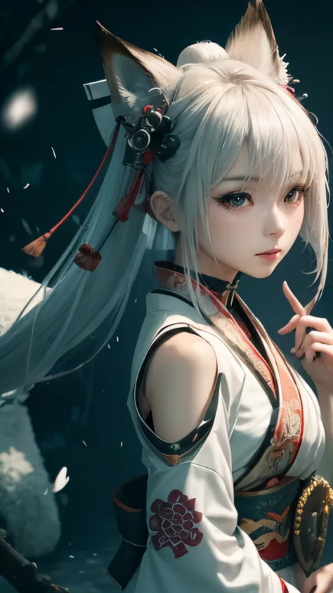 anime - style image of a short-white hair warrior woman, clothes only have white and black colour, samurai kimono, empty hand, w...