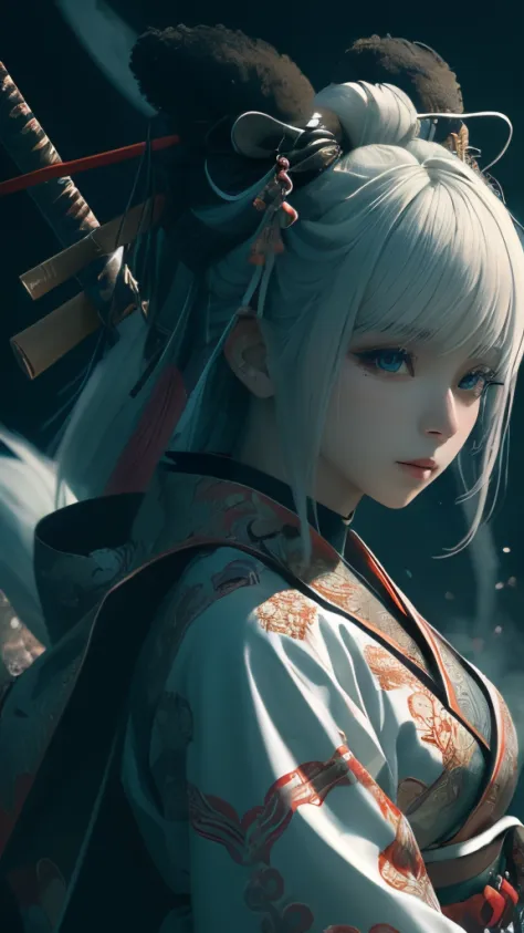 anime - style image of a short-white hair warrior woman, clothes only have white and black colour, samurai kimono, empty hand, w...