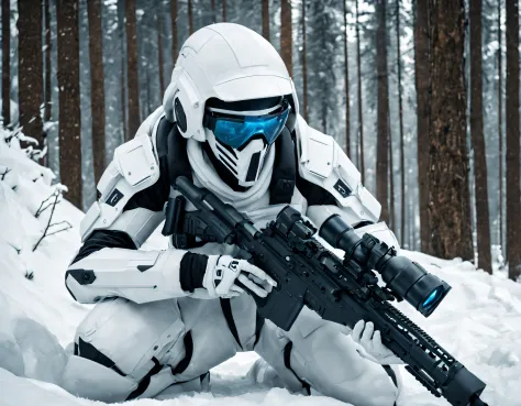A futuristic sci-fi soldier wearing a white camouflage uniform lies on his side in the snow，Holding a high-tech sniper rifle to ...