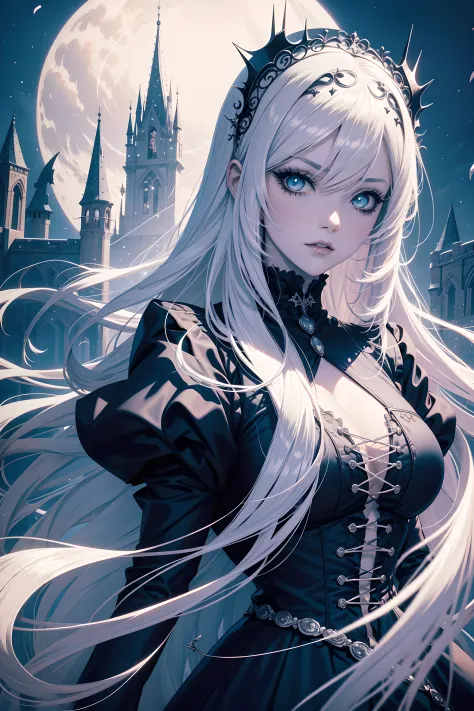 anime Vampire Princess, long white hair, gothic style, roses in hair, dark black eyelashes, white glow irises, light blue dress,...