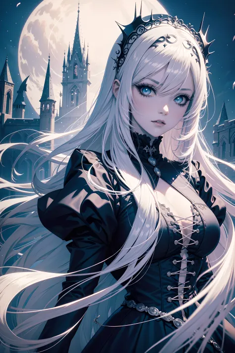 anime vampire princess, long white hair, gothic style, roses in hair, dark black eyelashes, white glow irises, light blue dress,...