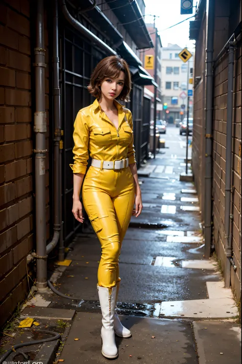 April O'Neil in a sultry pose, wearing a form-fitting yellow jumpsuit with a white belt and white boots. Dirty city background, ...