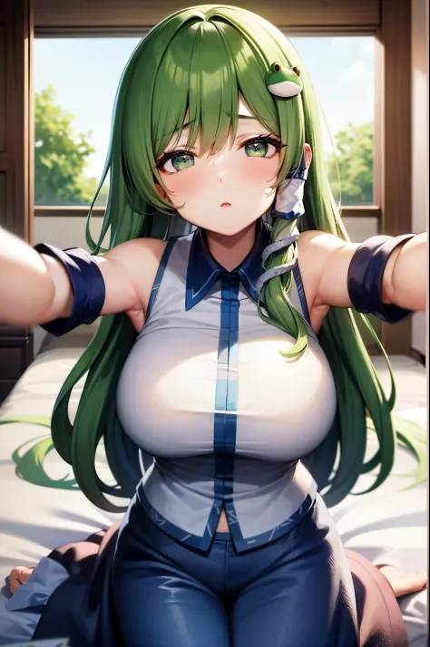 ​masterpiece, Best Quality，top-quality，{{{女の子1人}}}，独奏，{{{Sanae Dongfeng Valley/kochiya sanae}}}，{{{frog hair ornament}}}，light green hair，Long Wave Hair，hair tubes，Green eyes(Eyes of Hearts)，red blush，{{Big breasts}}、Bedroom background、Only the upper body ...