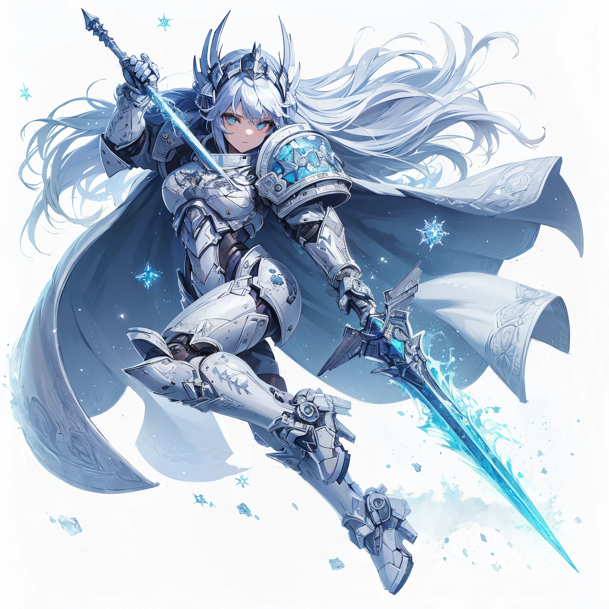 (Masterpiece, best quality), ultra-detailed, anime style, full body cyberpunk knight girl, wearing white power armor, blue and silver hair and black and silver eyes, holding an ice sword, flying diamond dust, wearing high-heeled boots, digital painting, 8k high resolution, trending art station, white background, whole body,