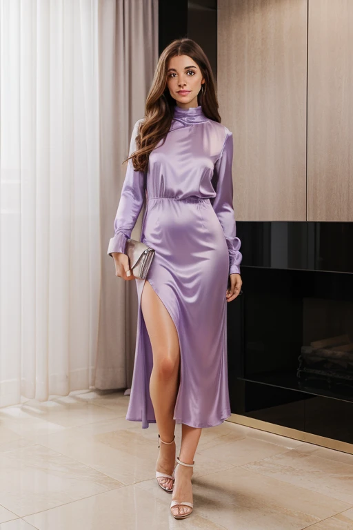 long full hair, wearing lavender coloured high neck silk dress with long  sleeves, no cut outs, long dress to ankles, flowy dress - SeaArt AI