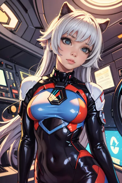 "a girl in space, wearing a body suit, with a perfect body and medium-sized breasts, possessing a beautiful face and captivating...