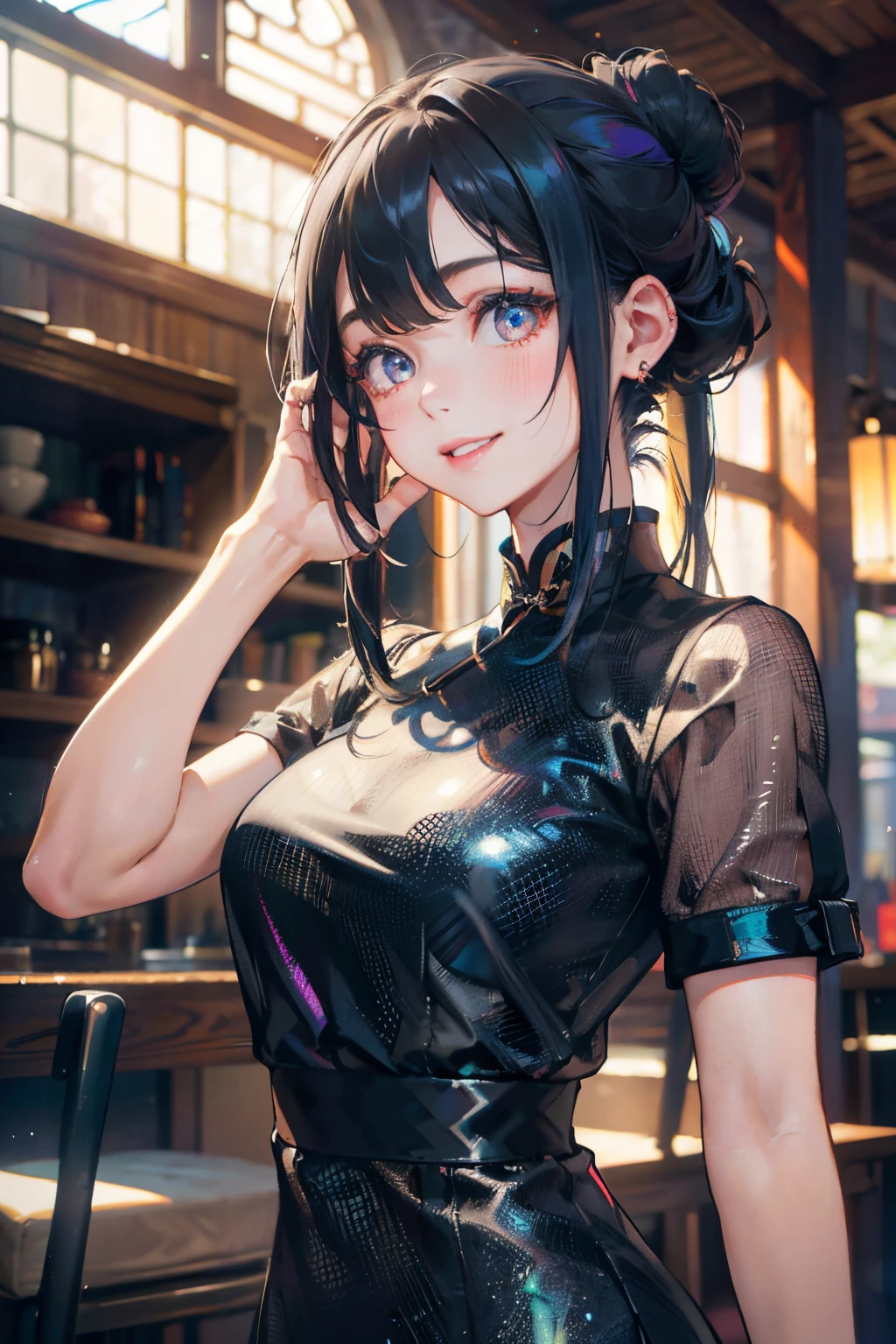 a 20 yo woman、Black blue Hair、poneyTail、Bun hair、Big smile、Iridescent eyes、(hi-top fade:1.3)、dark themed、Muted Tones、Subdued Color、highly contrast、qipao dress、(natural skin textures、Hyper-Realism、Soft light、sharp)