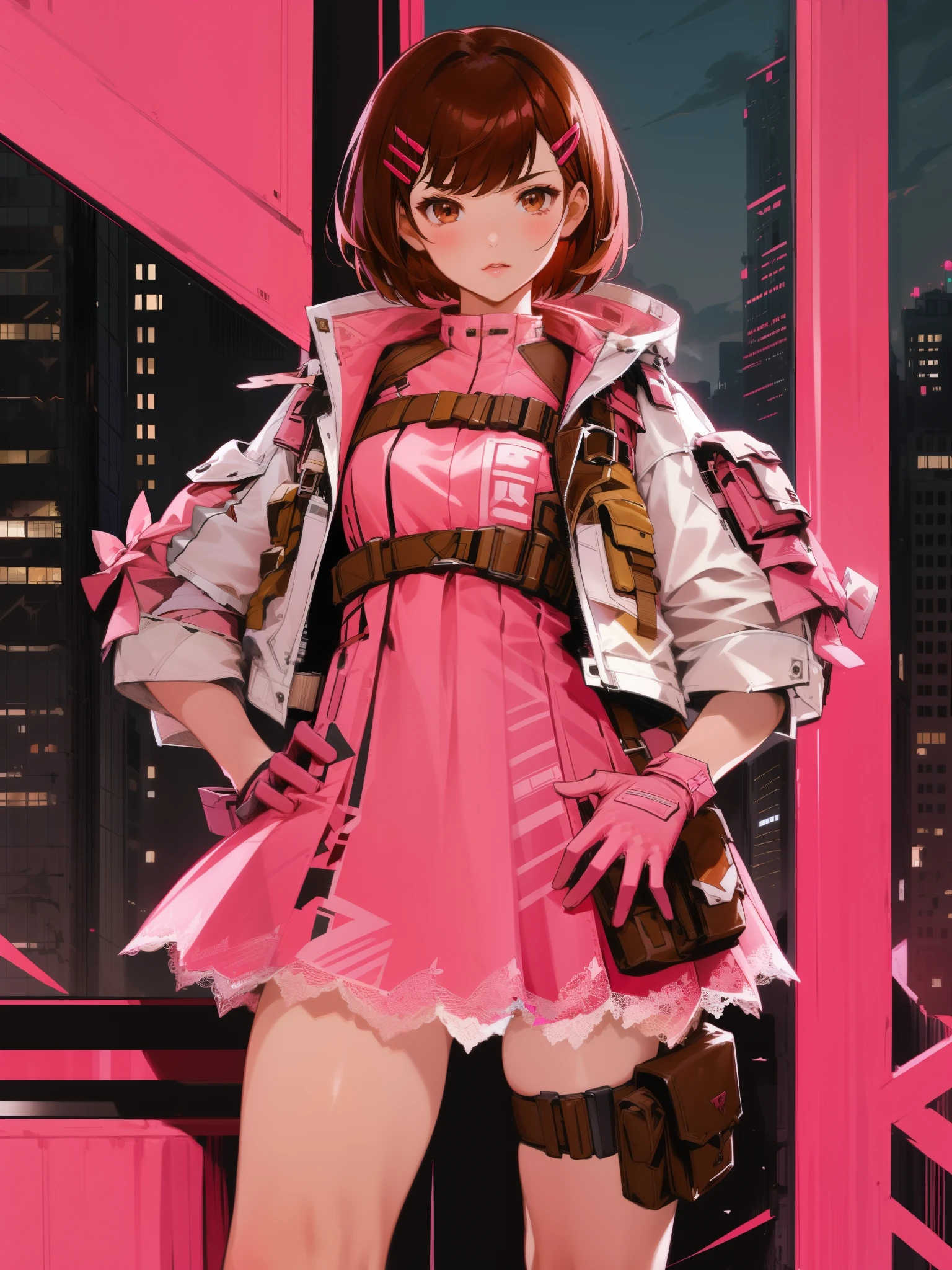 CFguanxiaoyuQF, 1girl, solo, gloves, brown hair,short hair, pink dress, brown eyes, jacket,looking at viewer, hairclip, hair bow, thigh holster, lace, short dress, belt, lips, bangs,  cityscape, night, mature female, hand on hip,